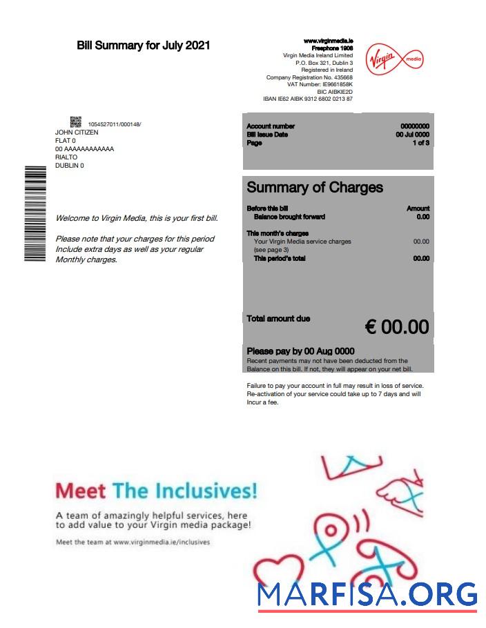 Printable Ireland Virgin Media utility bill template in Word and PDF format, version 2
